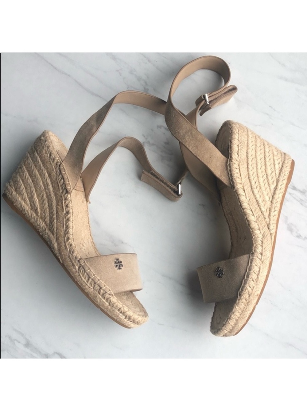 Tory Burch Neutral Beige Suede Espadrille Wedge Sandals